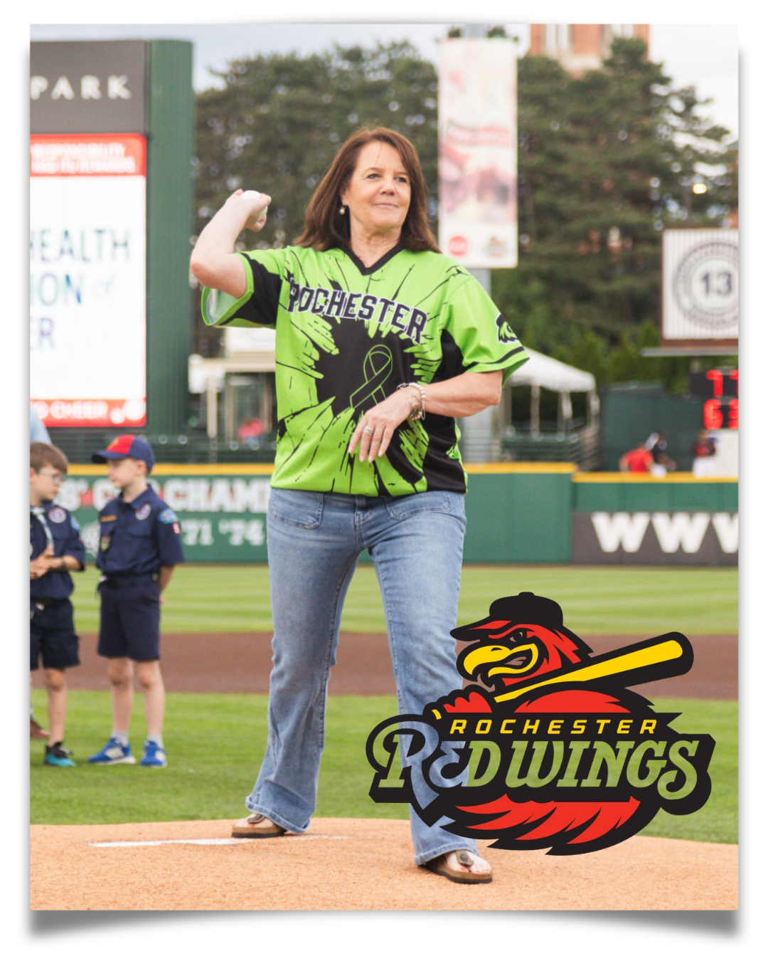 MHA President & CEO, Val Way. Red Wings Game First Pitch